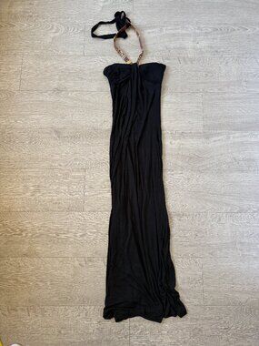 Cache Black Embellished Halter Ruched Open Back Y2K Maxi Dress XS